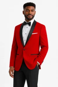 Red London Tuxedo on a model, alternate view 3