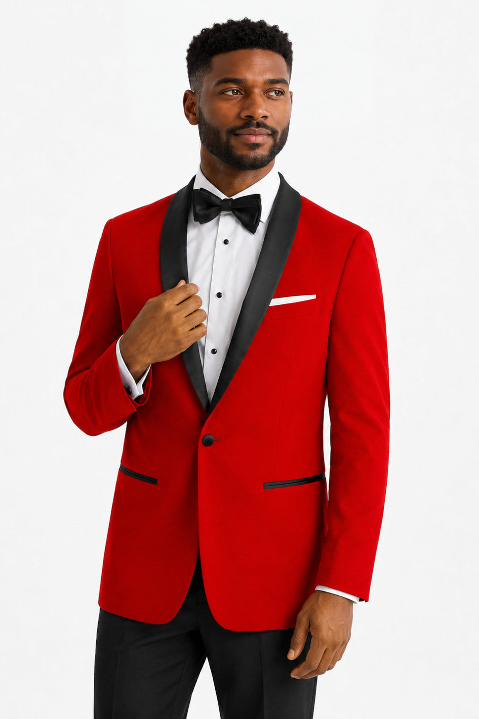 ntr-f28-p07-f5b6c148a500 | National Tuxedo Rentals Red London Tuxedo on a model, alternate view 5