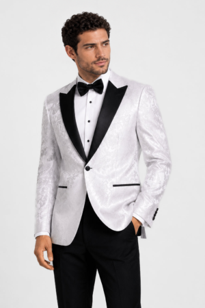 Model wearing the White Paisley Tuxedo