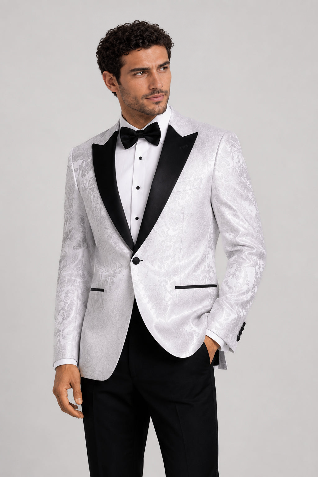 ntr-f33-p03-912c441c3c3d | National Tuxedo Rentals White Paisley Tuxedo on a model, alternate view 2