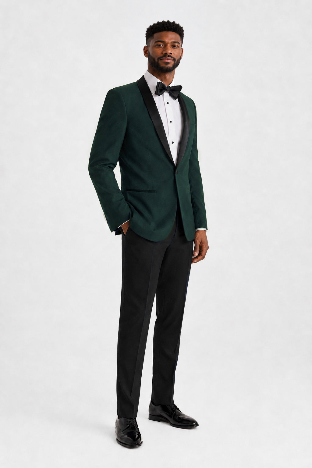 ntr-f38-p03-a690261dc683 | National Tuxedo Rentals Hunter Green Tuxedo on a model, alternate view 1