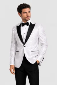 White Paisley Tuxedo Rental on a light grey background