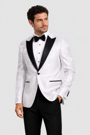 White Paisley Tuxedo Rental on a light grey background