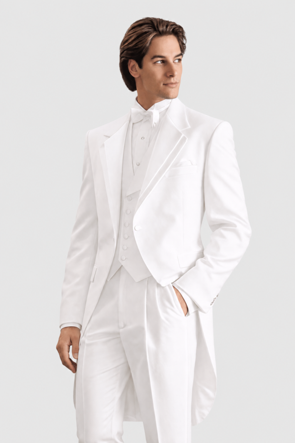 White Notch Tailcoat Rental on a light grey background