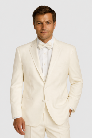 Ivory Madison Tuxedo Rental on a light grey background