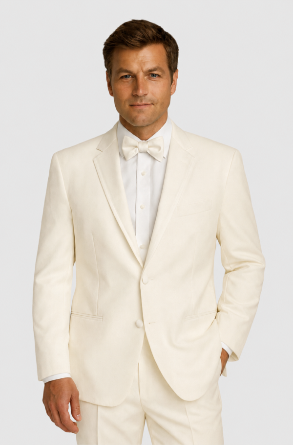 Ivory Madison Tuxedo Rental on a light grey background