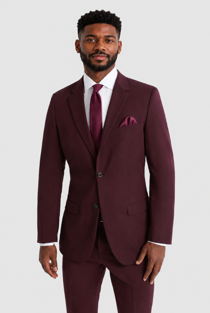 Man wearing a burgundy suit with white shirt and matching tie, standing against a light backdrop.