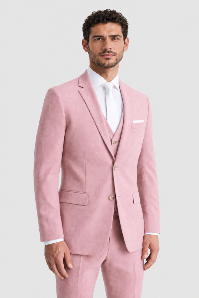 Man in a pastel pink suit with white shirt and tie, facing forward against a light background.