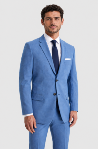 Marine Blue Suit Rental on a light grey background