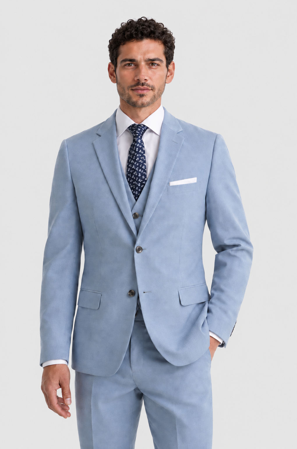 Oxford Blue Suit Rental on a light grey background