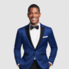 Cobalt Blue Tuxedo Jacket on a light grey background