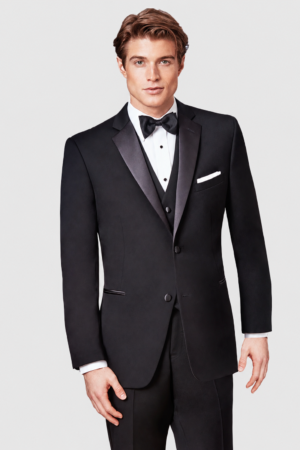 Black Parker Tuxedo Rental on a light grey background