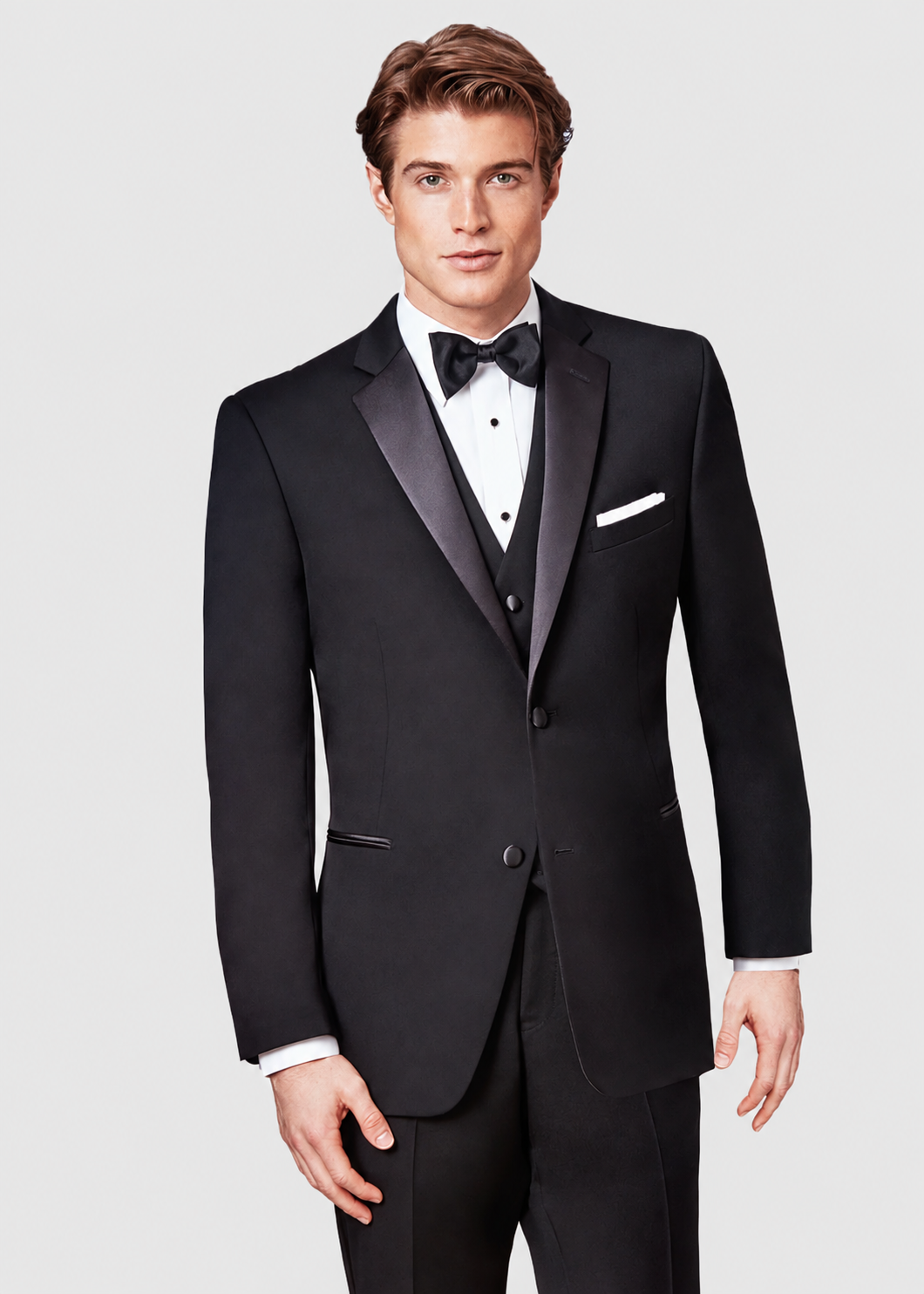 Black Parker Tuxedo Rental on a light grey background