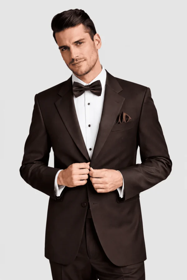 Chocolate Tuscany Tuxedo Rental on a light grey background