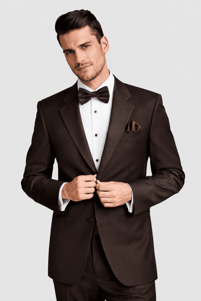Chocolate Tuscany Tuxedo Rental on a light grey background
