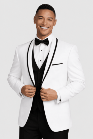 White Waverly Tuxedo Rental on a light grey background