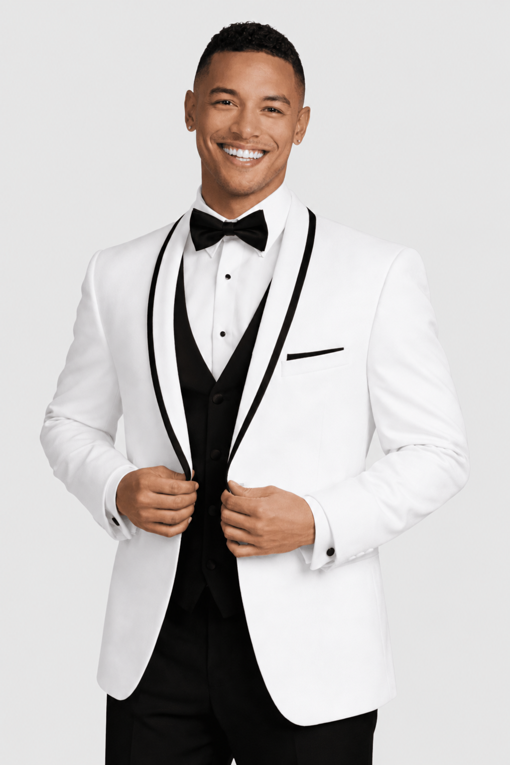 White Waverly Tuxedo Rental on a light grey background