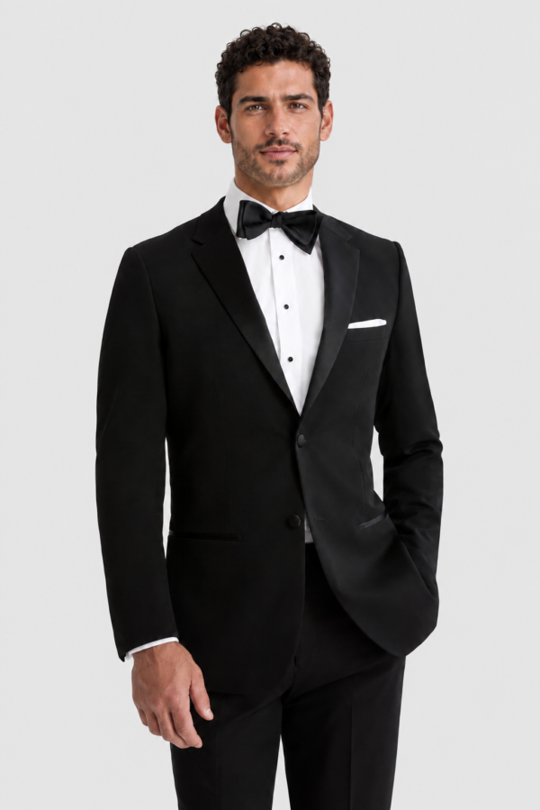 Black Barcelona Tuxedo Rental on a light grey background