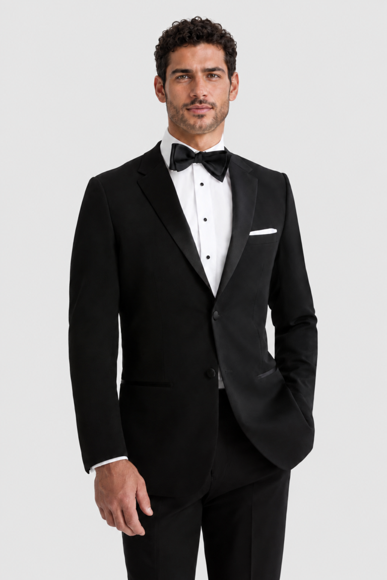 Black Barcelona Tuxedo Rental on a light grey background