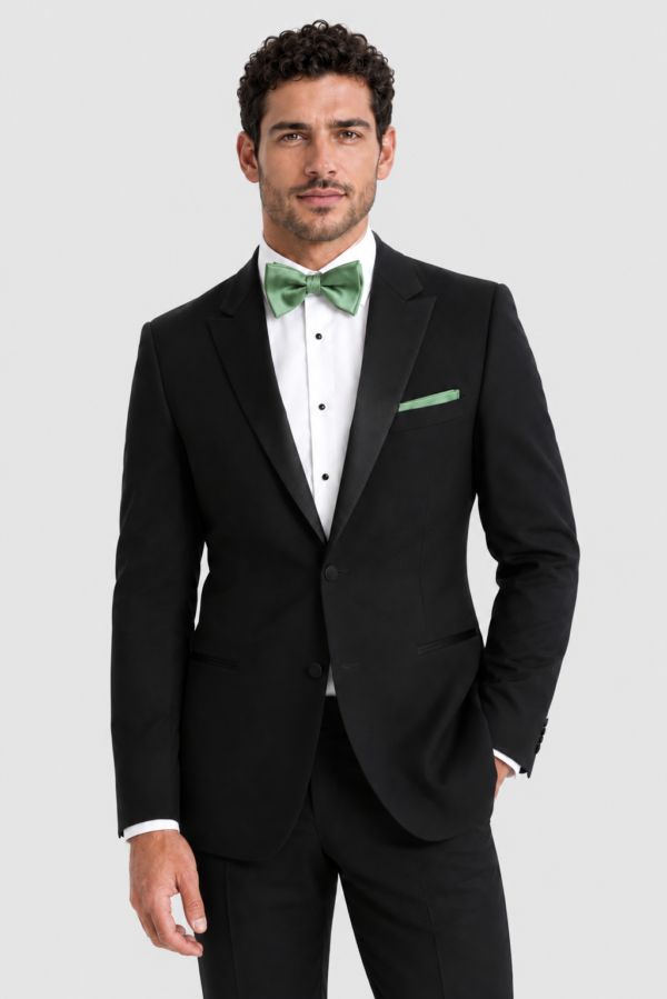 Black Venice Tuxedo Rental on a light grey background