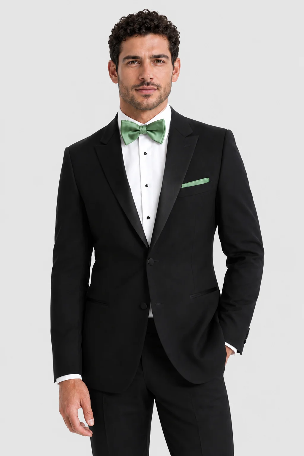 Black Venice Tuxedo Rental on a light grey background