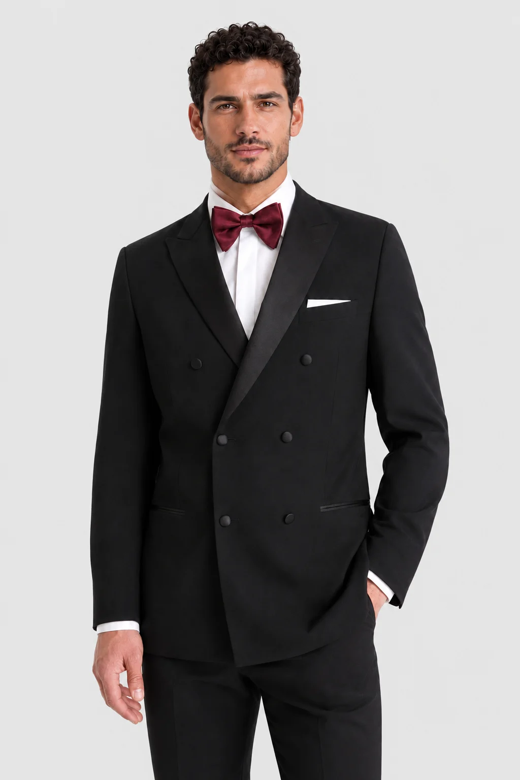 Black Romeo Tuxedo Rental on a light grey background