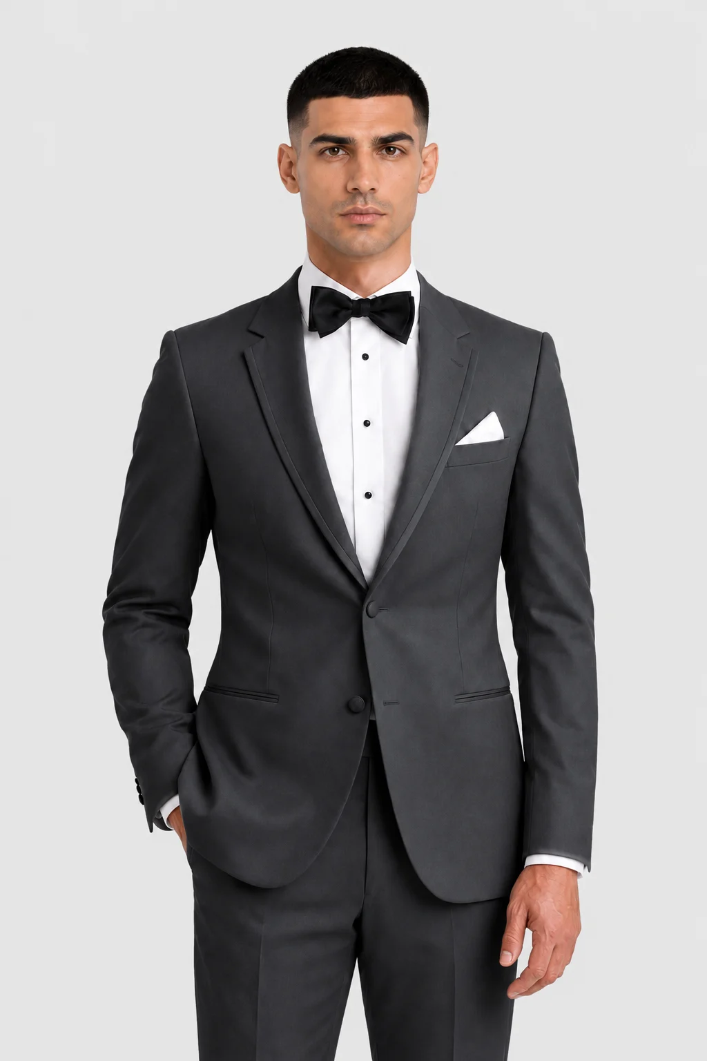 Steel Gray Infinity Tuxedo Rental on a light grey background