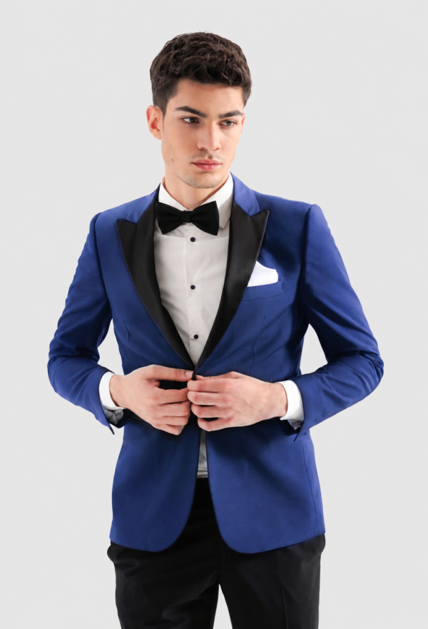 Cobalt Blue Tuxedo Rental on a light grey background