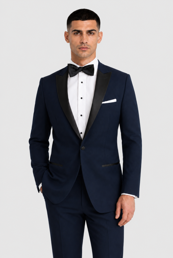 Navy Venice Tuxedo Rental on a light grey background