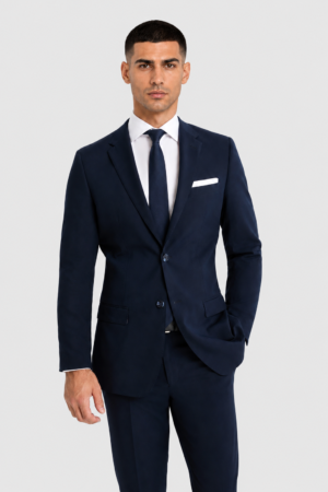 Navy Suit Rental on a light grey background