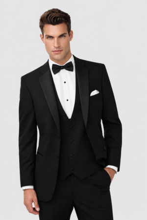 Black Essential Tuxedo Rental on a light grey background
