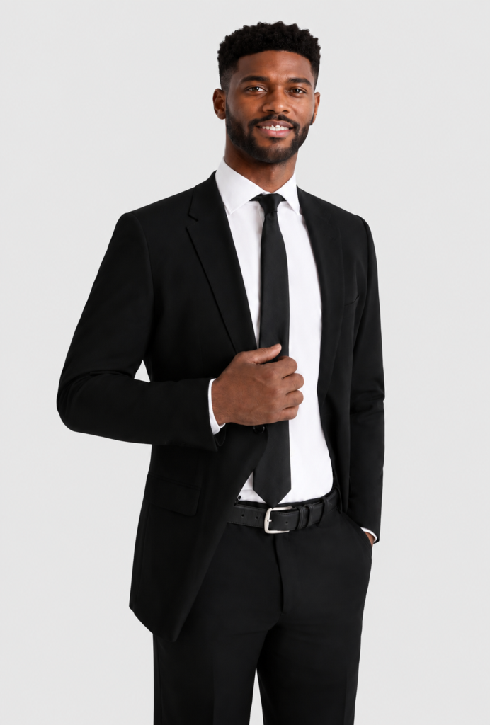Smiling man in a black suit, white shirt, and black tie posing with one hand on his jacket.