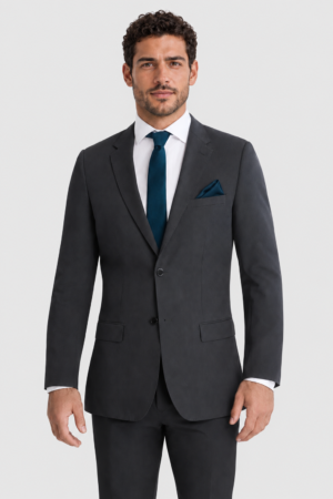 Steel Gray Suit Rental on a light grey background