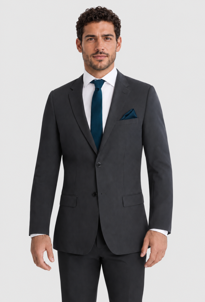 Steel Gray Suit Rental on a light grey background