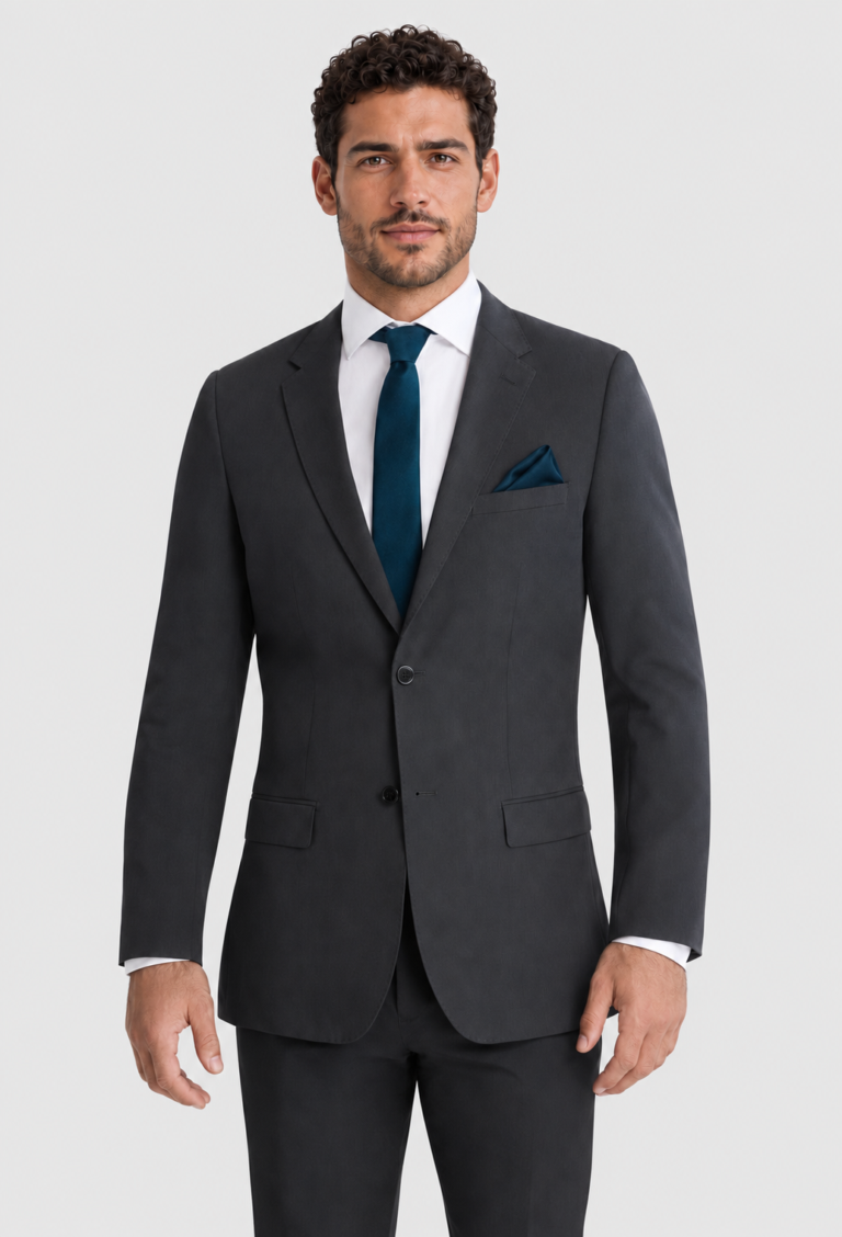 Steel Gray Suit Rental on a light grey background