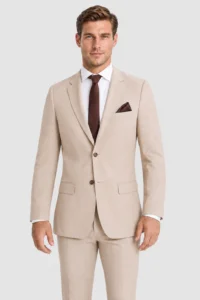 Tan Suit Rental on a light grey background