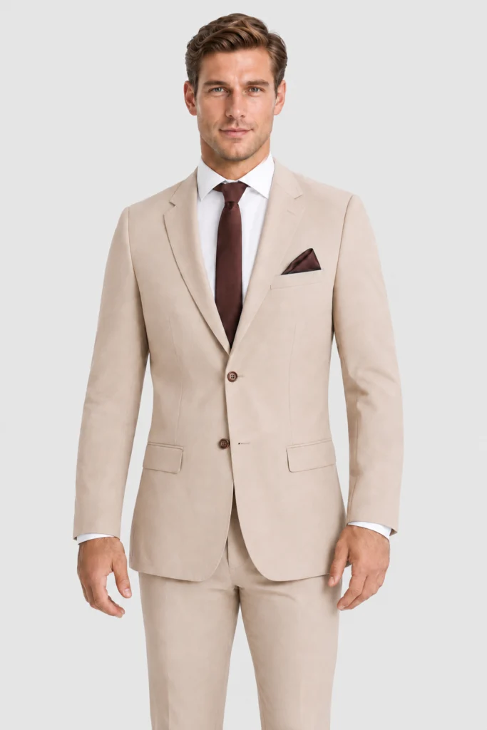 Tan Suit Rental on a light grey background