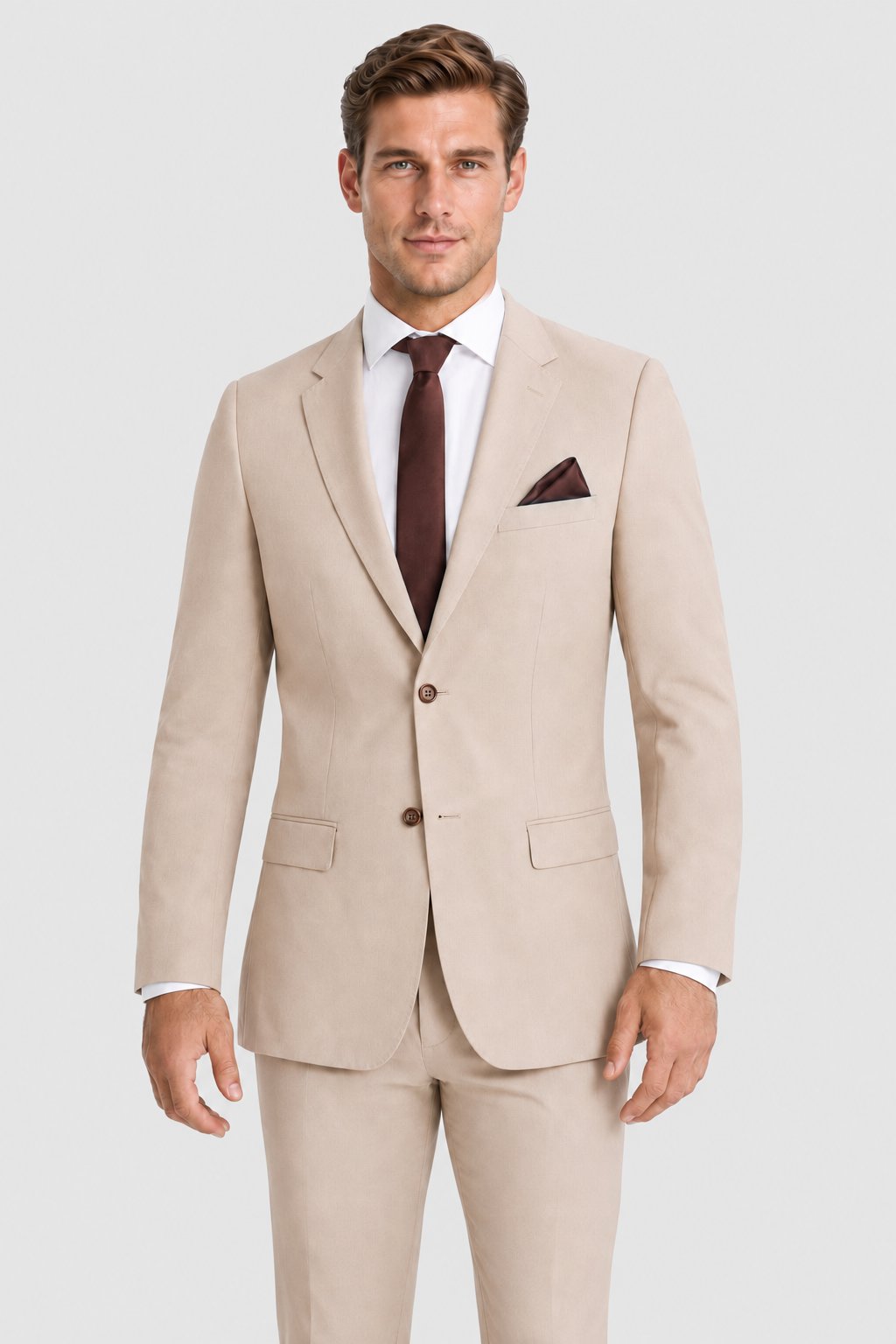 Tan Suit Rental on a light grey background