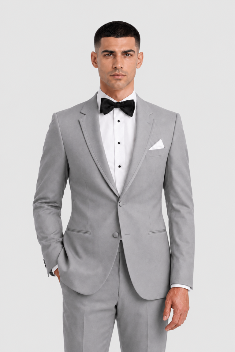Heather Infinity Tuxedo Rental on a light grey background
