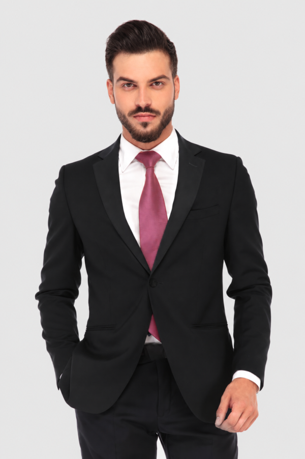 Black Madrid Tuxedo Rental on a light grey background