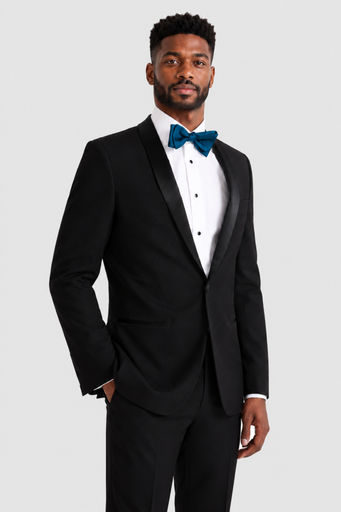 Man in a black tuxedo with a white shirt and blue bow tie, posing against a light background.