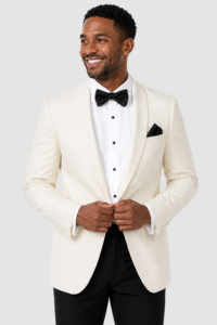 Ivory Premiere Tuxedo Rental on a light grey background