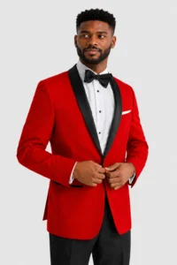 Red London Tuxedo Rental on a light grey background