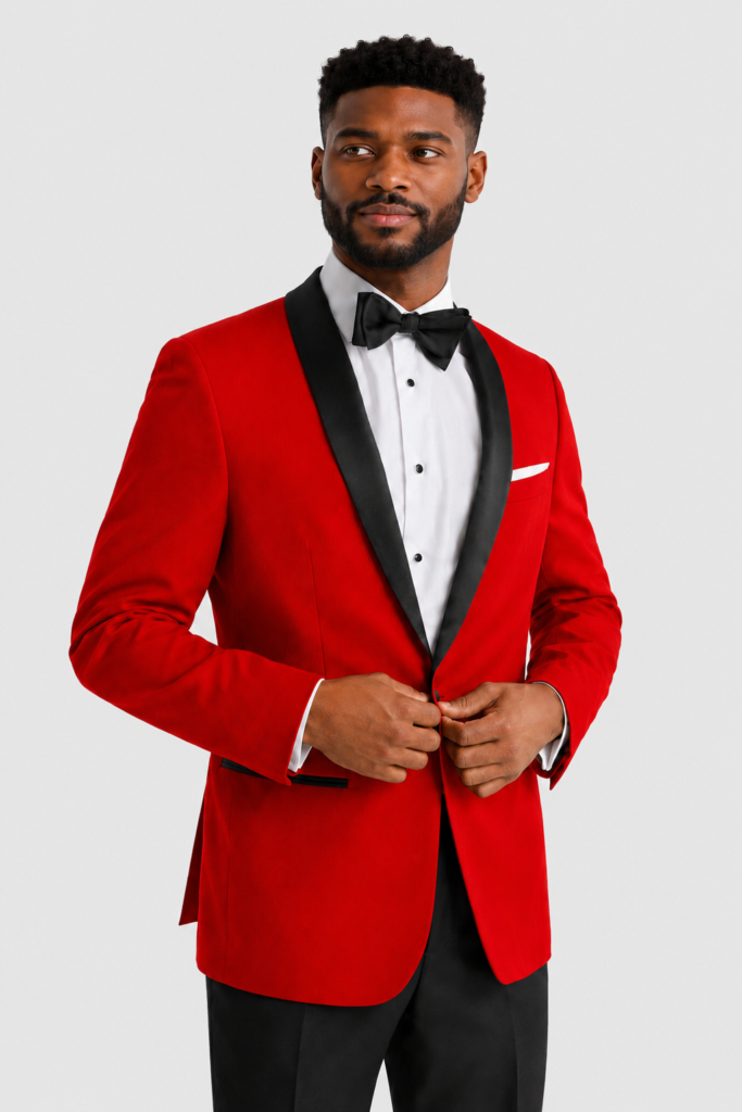 Red London Tuxedo Rental on a light grey background