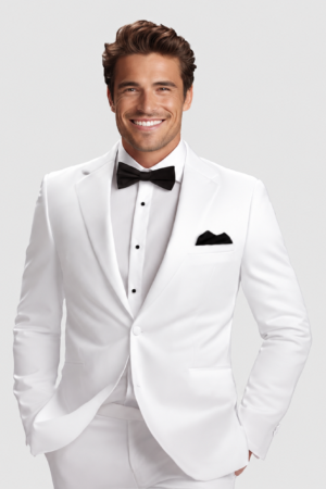 Man in a white tuxedo with a black bow tie and pocket square, smiling confidently against a light background.