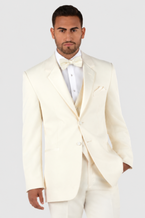 Ivory Roma Tuxedo Rental on a light grey background