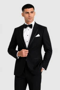 Black Infinity Tuxedo Rental on a light grey background