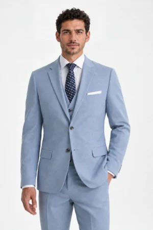 Model wearing the Oxford Blue three-piece suit, front view