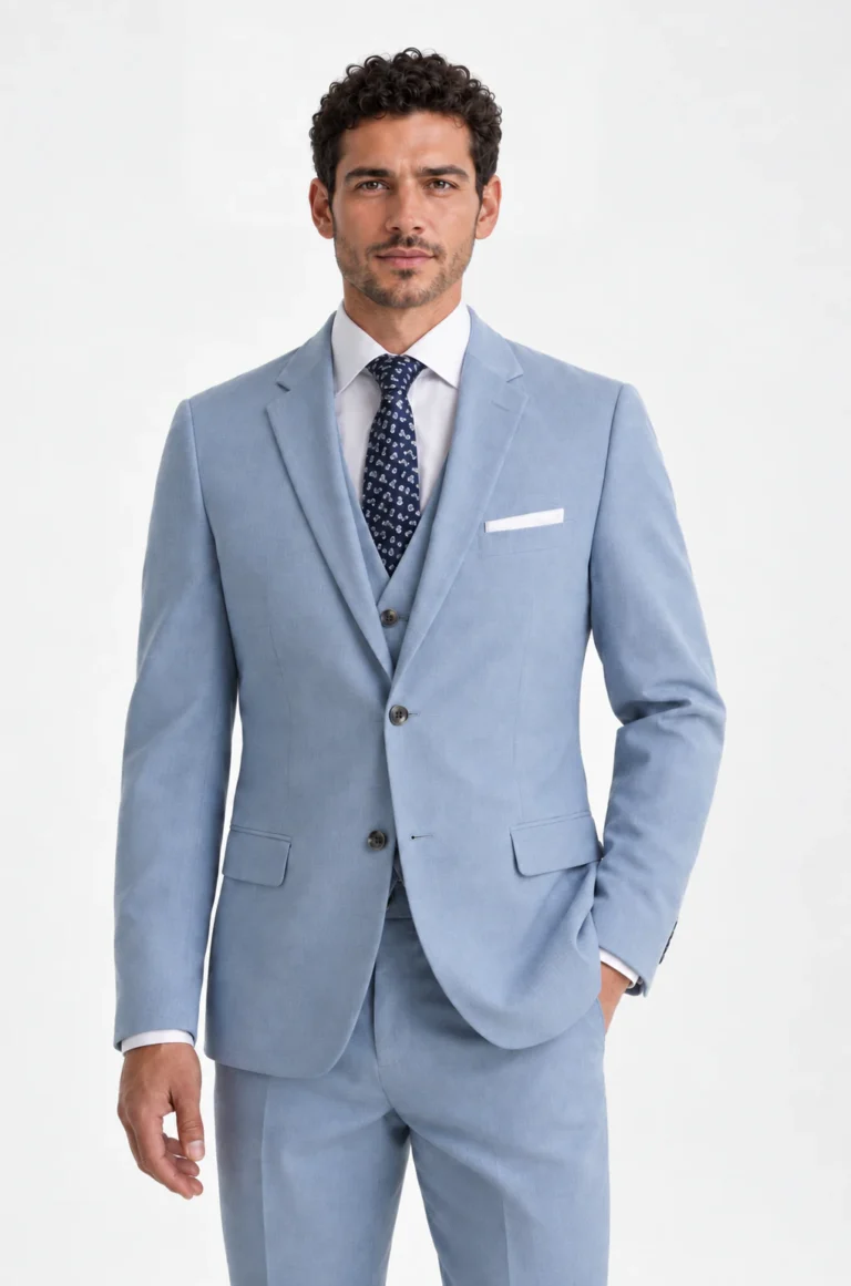 Model wearing the Oxford Blue three-piece suit, front view