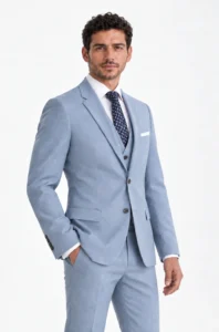 Model wearing the Oxford Blue three-piece suit, three-quarter view